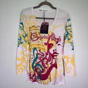 Christian Audigier Y2K Shirt Women Large Crystal Rock Music Note Woman Graphic T